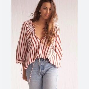 Kinga Csilla Anthropologie Penelope Striped Linen Blend Peasant Top Blouse $220